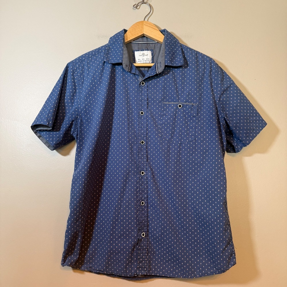 Craft + Flow Mens Large Blue Geometric Print Short Sleeve Button Down Shirt
